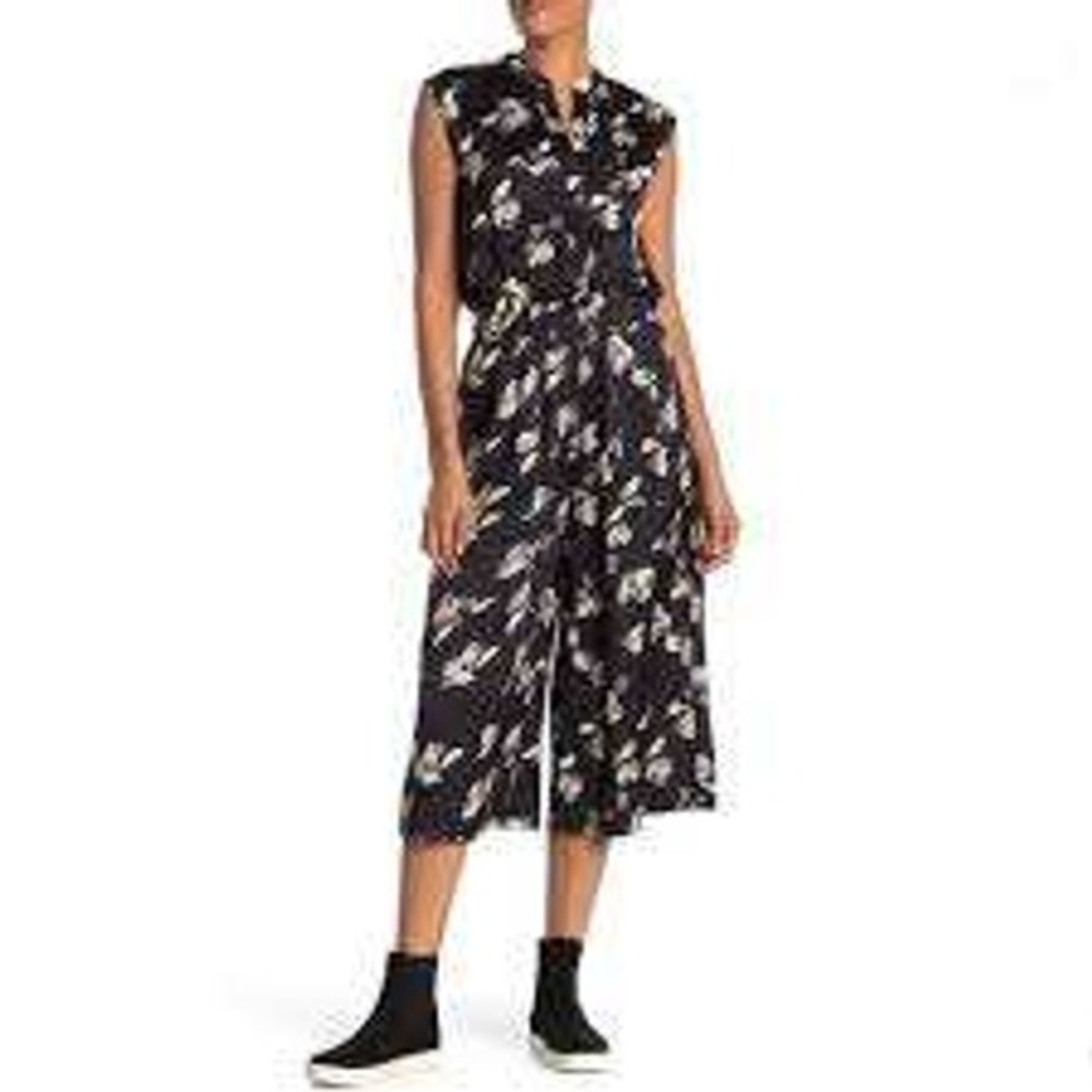 Vince Floral Sleeveless Jumpsuit V-Neck Elastic Waist Wide Leg Womens Large